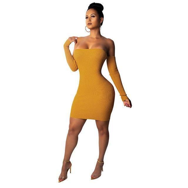 Knitted Long Sleeve Mini Bandage Dress Club Party Winter Off-YELLOW-7