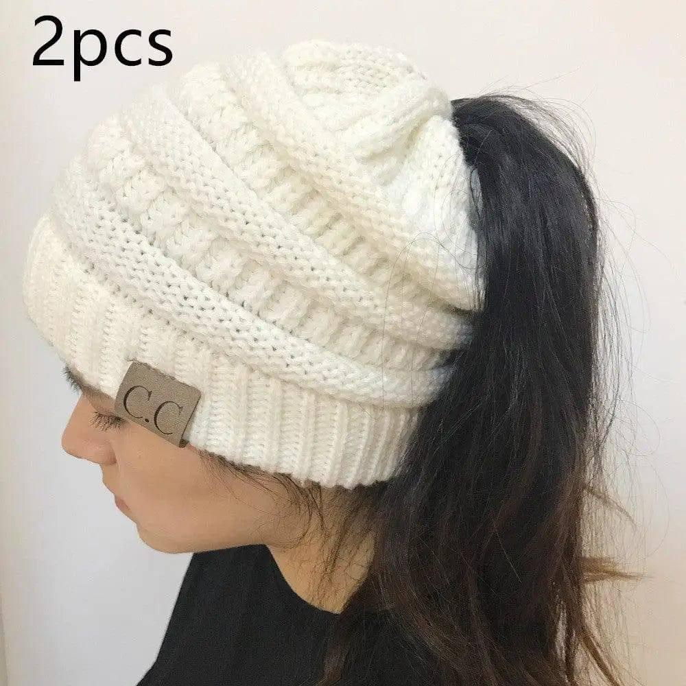 Knitted Ponytail Hat, Women's Wool Hat Fashion-White2pcs-17