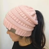 Knitted Ponytail Hat, Women's Wool Hat Fashion-Pink-19