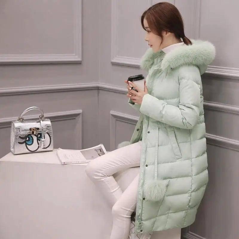 Korean down cotton-padded overcoat for women over the knee-green-4