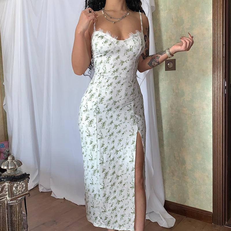 Lace Flowers Print Long Dress Sexy Fashion Slit Suspender-2