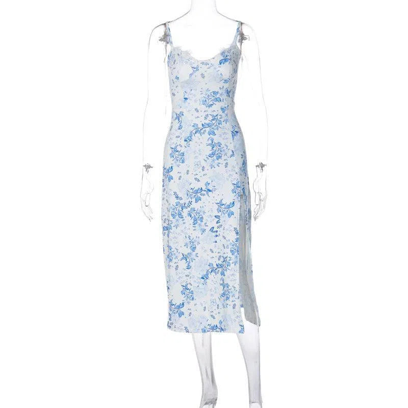 Lace Flowers Print Long Dress Fashion Slit Suspender Dress Summer Womens Clothing-Blue-7