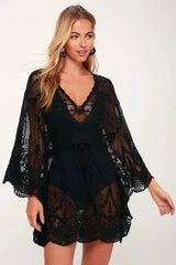 Lace Swimsuit With Blouse And Hollow Bikini-Black-2