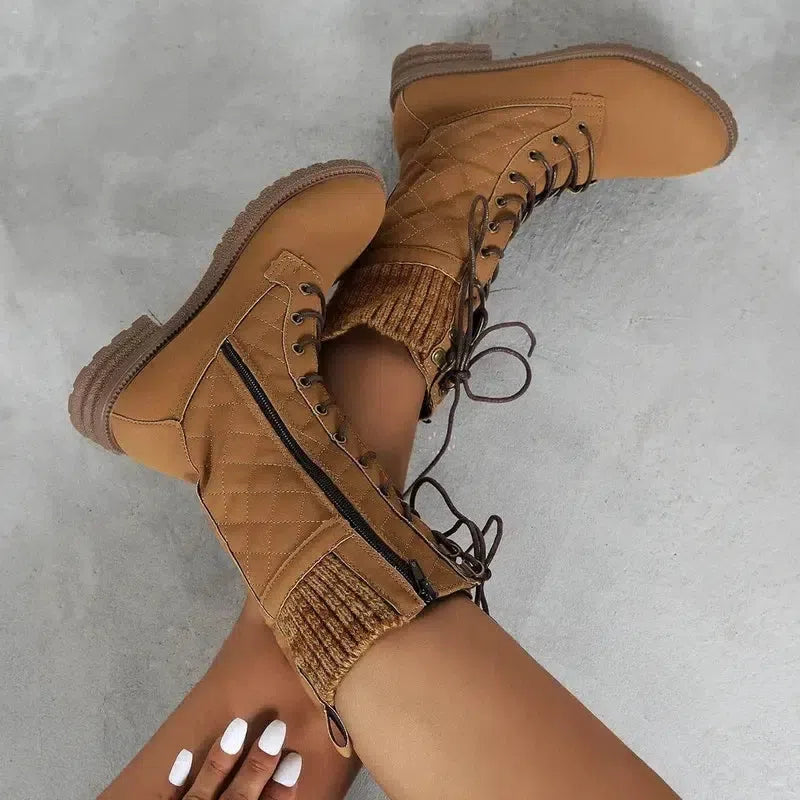 Lace Up Boots Winter Cowboy Boots Women Block Heel Round Toe-8