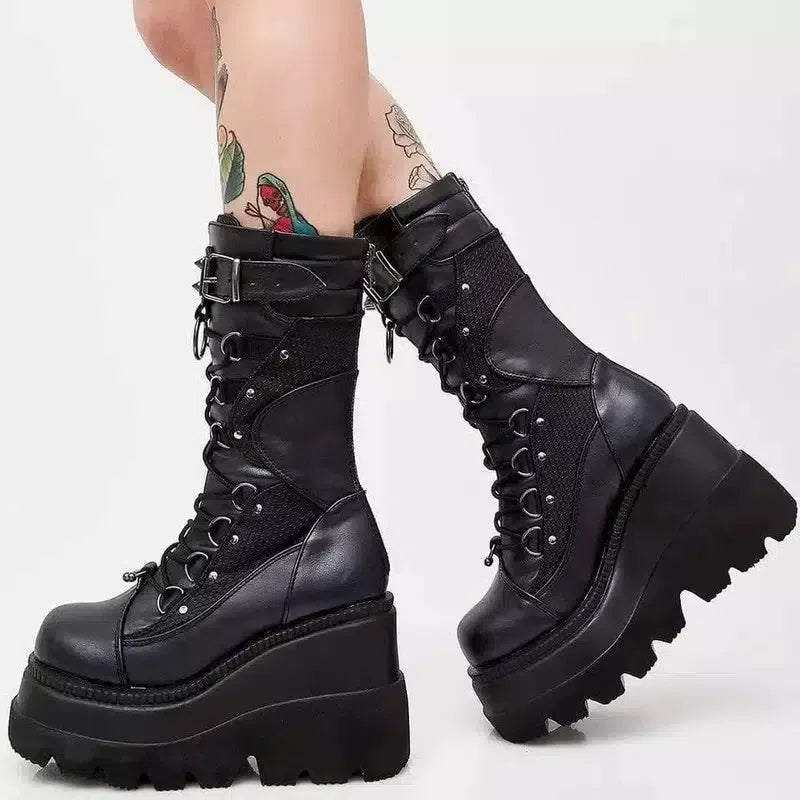 Lace-Up Combat Boot Motorcycle Black Bucke Chunky Boots For-2