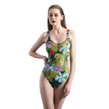 Lace-up One-piece Swimsuit Printed Patchwork Swimsuit-Green-1