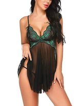 Ladies See-through Sexy Lingerie Suspenders Lace Nightdress-Green-2