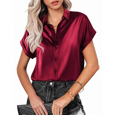 Lapel Button Short Sleeve Shirt Summer Casual Loose Solid-Wine Red-7