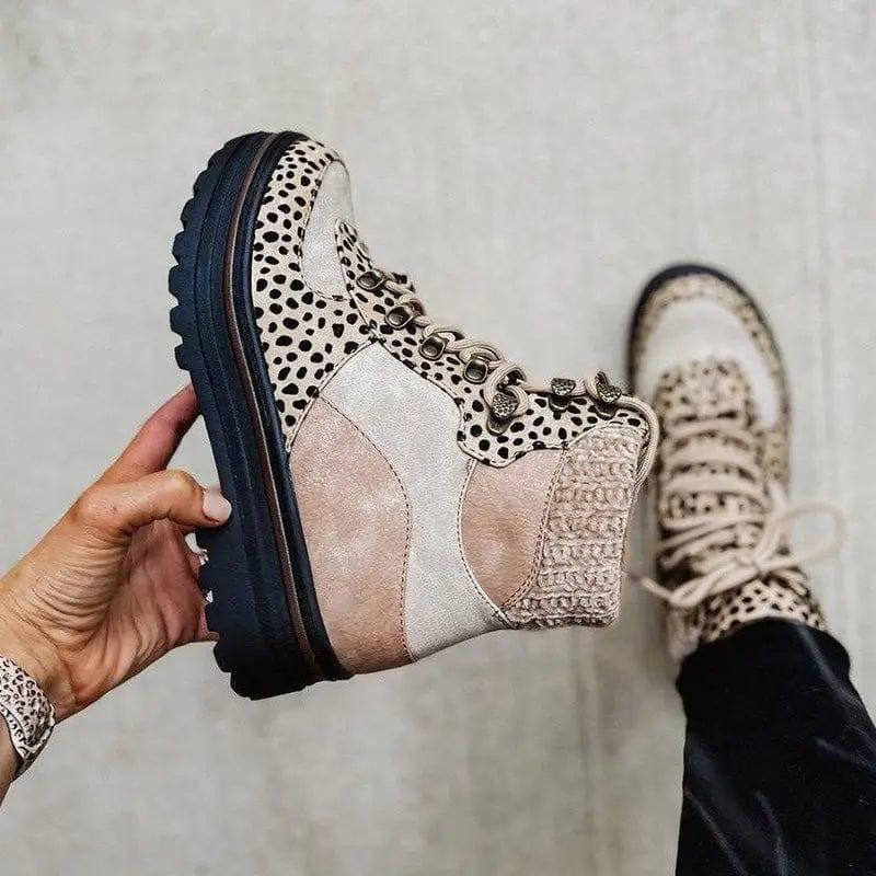 Leopard Boots Women Lace Up Martin Boots Winter Low Heel-5