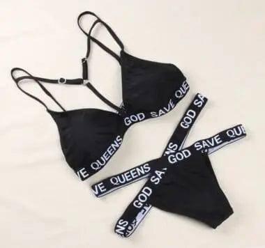 Letters Printing Cross Strip Bikini Set-2