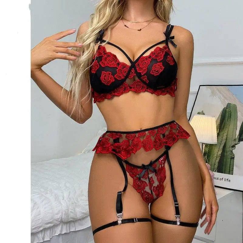 Lingerie Ladies Lace Embroidery Lingerie Set Garter Thong-2