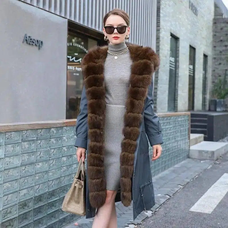 Long Detachable Rex Rabbit Liner Fur Coat-Blue-2