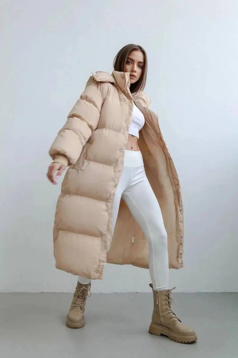 Long Loose Hooded Zipper Warm Padded Jacket-Apricot-5