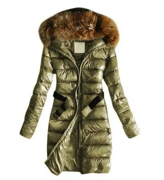 Long Quilted Jacket With Fur Collar And Raccoon Fur-Army Green-3