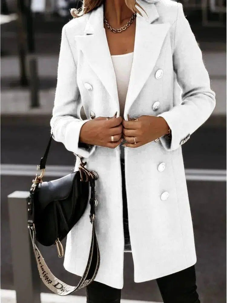 Long-sleeve Blazer-collar Double-breasted Nizi Coat-White-4