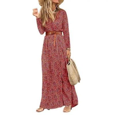 Long Sleeve V-Neck Boho Floral Dress-Red-3