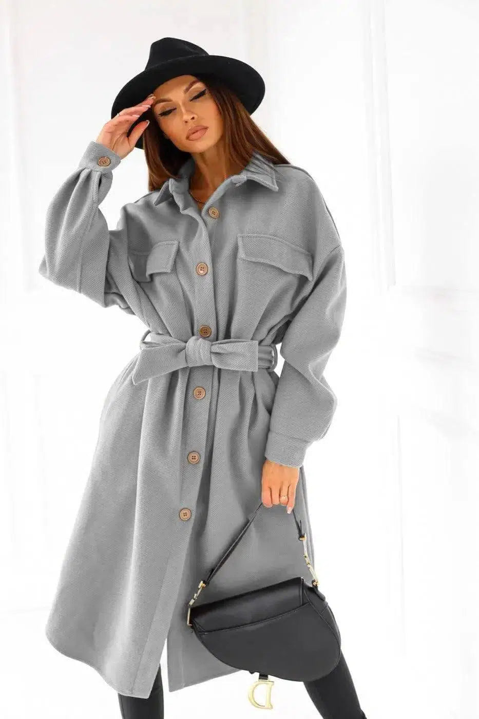 Long-sleeved V-neck Button Lace Woolen Coat Coat Women's-Grey-4