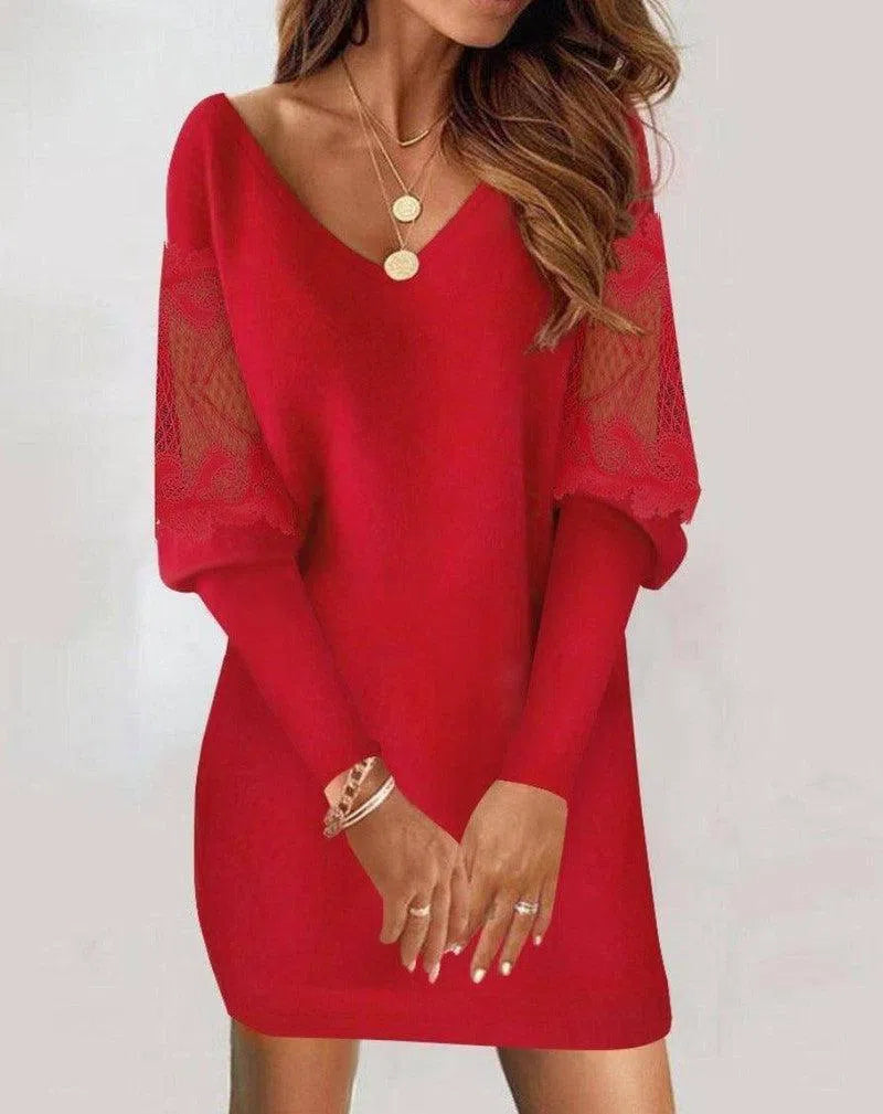 Long-sleeved V-neck Dress Spring And Autumn New Style Lace Splicing Dress For Womens Clothing-8