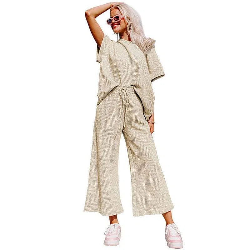 Loose Short Sleeve Trousers Suit-Apricot-5