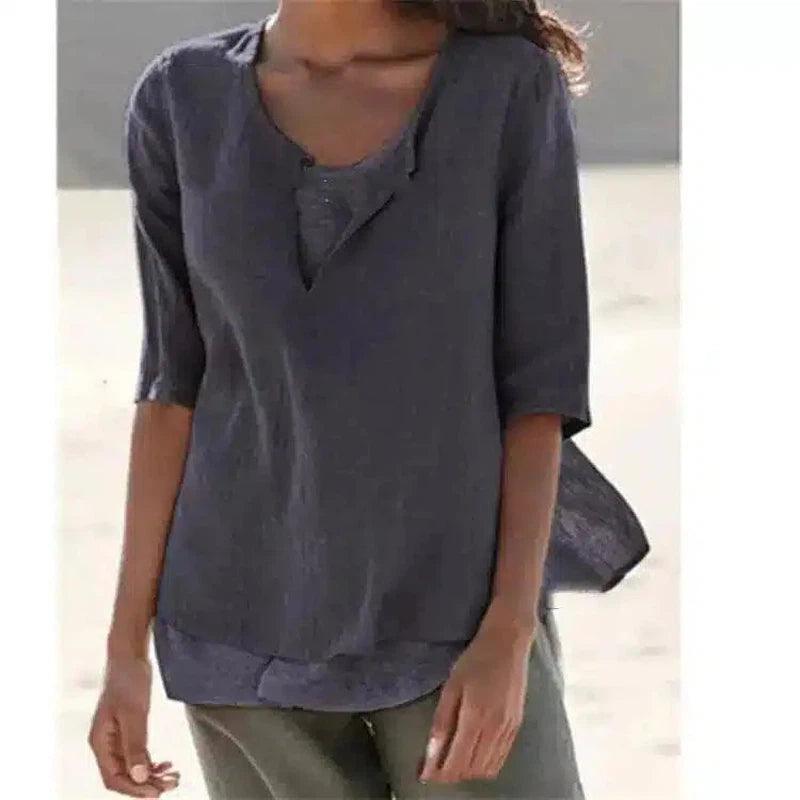 Women's V-Neck Casual Linen Blouse-Dark grey-1