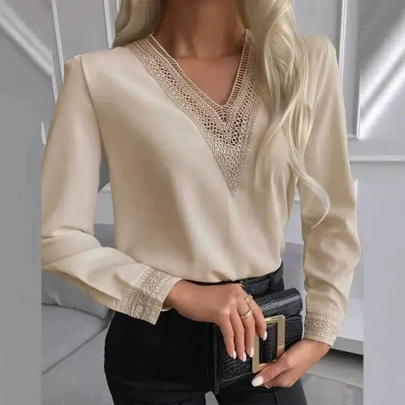 Autumn Lace Long-Sleeved V-Neck Shirt-Khaki-2