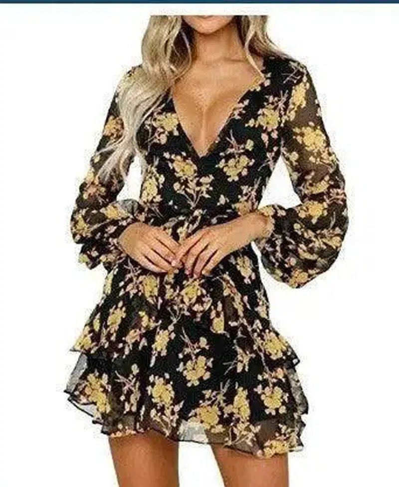 Autumn new fashion flower print long sleeve dress-Gold-24