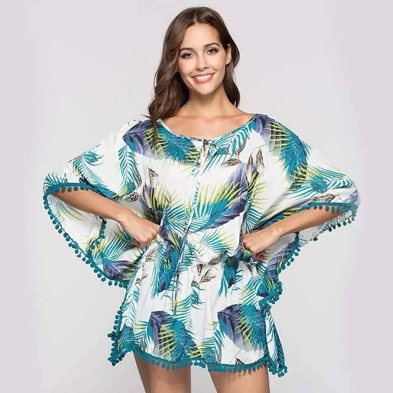 LOVEMI - Lovemi - Bat Sleeve Fringed Short Print Dress