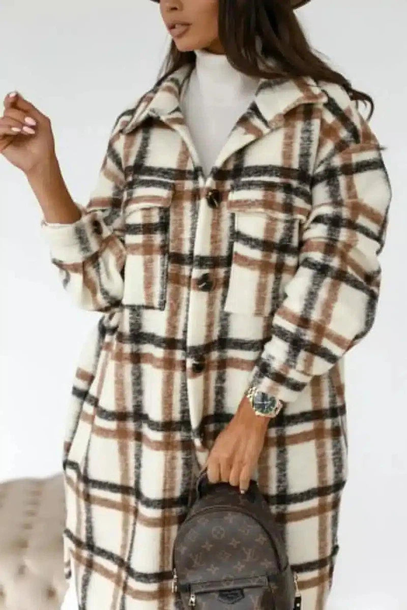 Button lapel casual warm plaid long woolen coat-Brown-7