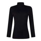 Button Solid Color Turtleneck Bottoming Shirt Top-Black-2