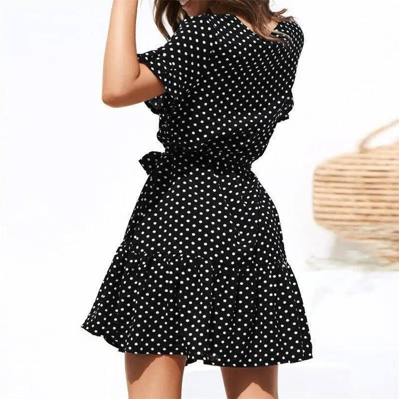 Casual polka-dot high-rise strap V-neck chiffon ladies dress-3