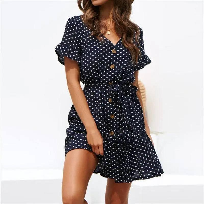 Casual polka-dot high-rise strap V-neck chiffon ladies dress-blue-4