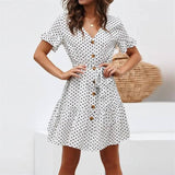 Casual polka-dot high-rise strap V-neck chiffon ladies dress-white-7