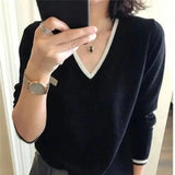 Women's V-Neck Pullover Sweater-Black-4