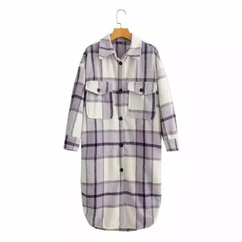 Contrasting Plaid Casual Fashion Simple Long Woolen Coat-Purple-3