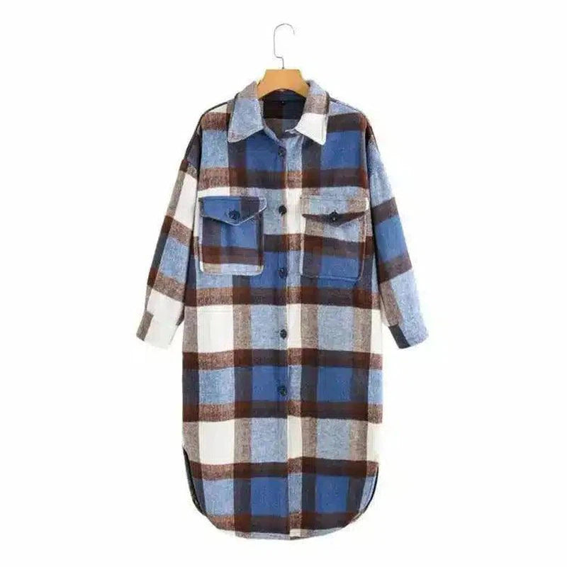 Contrasting Plaid Casual Fashion Simple Long Woolen Coat-Blue-5