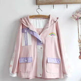 Hooded Casual Jacket with Rainbow Patch-Pink-2