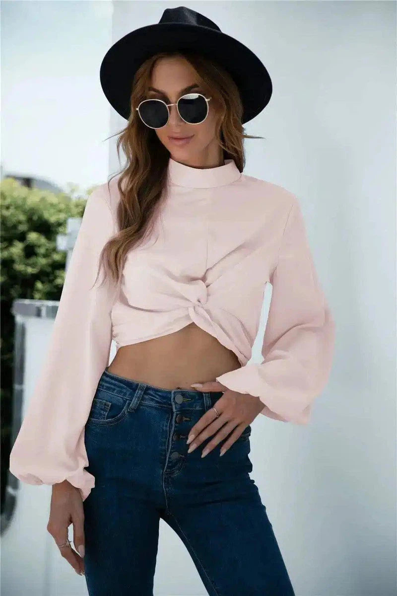 Womens Knotted Crop Top Long Sleeve-Apricot-3