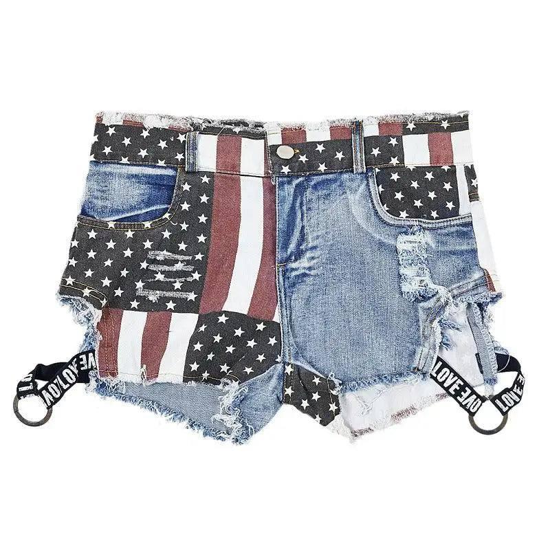 Distressed US Flag Denim Shorts-Blue-6