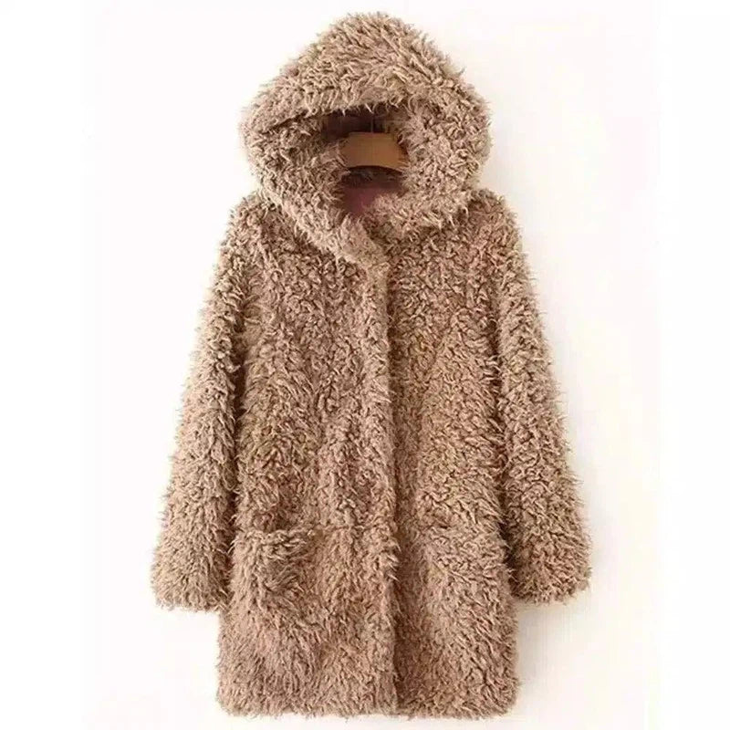 Fuzzy Hooded Women's Winter Coat-Khaki-6