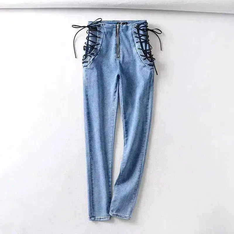 Double tie rope high waist jeans-Blue-2