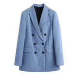 Women's Double-Breasted Blazer and Trousers Set-Blue-2