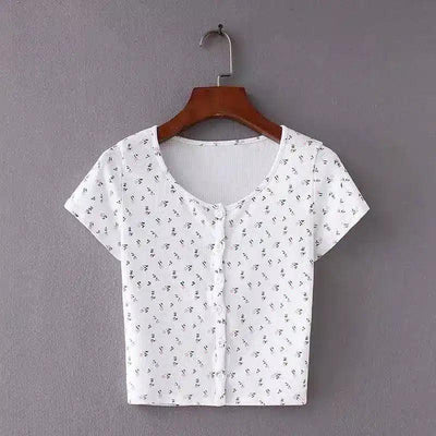 Women's Buttoned Crop Top T-Shirts-1White-7