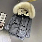 Fashion Hooded Faux Fur Collar Women's Clothing Big Pocket-Grey-3