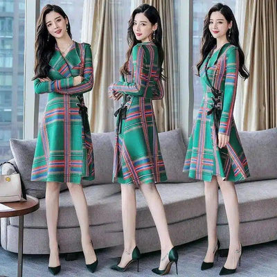 Plaid Belted A-Line Dress with Long Sleeves-Green grid-1