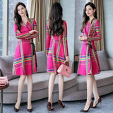 Plaid Belted A-Line Dress with Long Sleeves-Mei Hongge-3