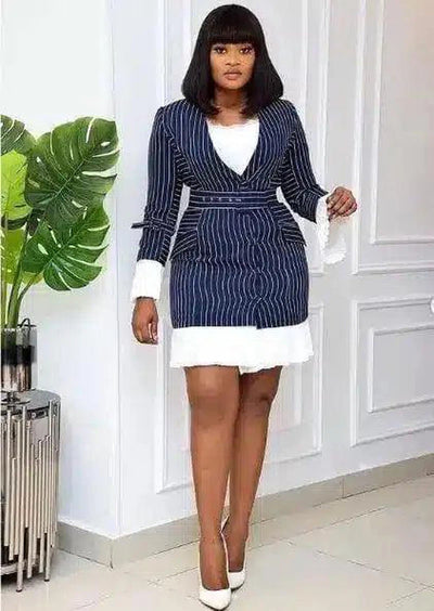 Womens Striped Blazer Dress with Pleated Hem-Blue-2