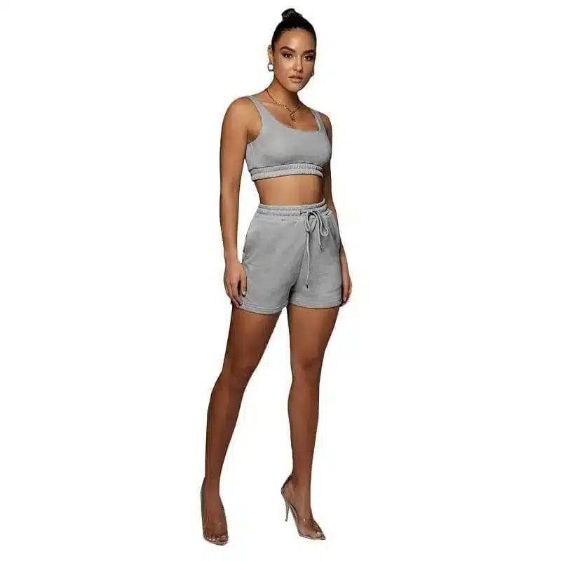 Women's Crop Top and Shorts Set-Grey-5