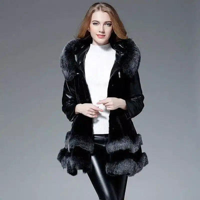 Haining fur coat female fur one fox fur hooded coat-Black-2