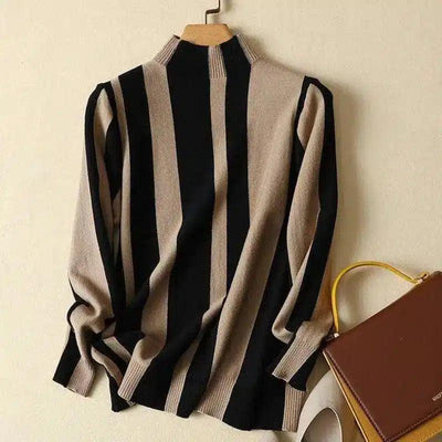 Striped Turtleneck Sweater Long Sleeve Comfort Fit-Khaki-1