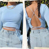 Long Sleeve Crop Top with Open Back Design-Blue-5